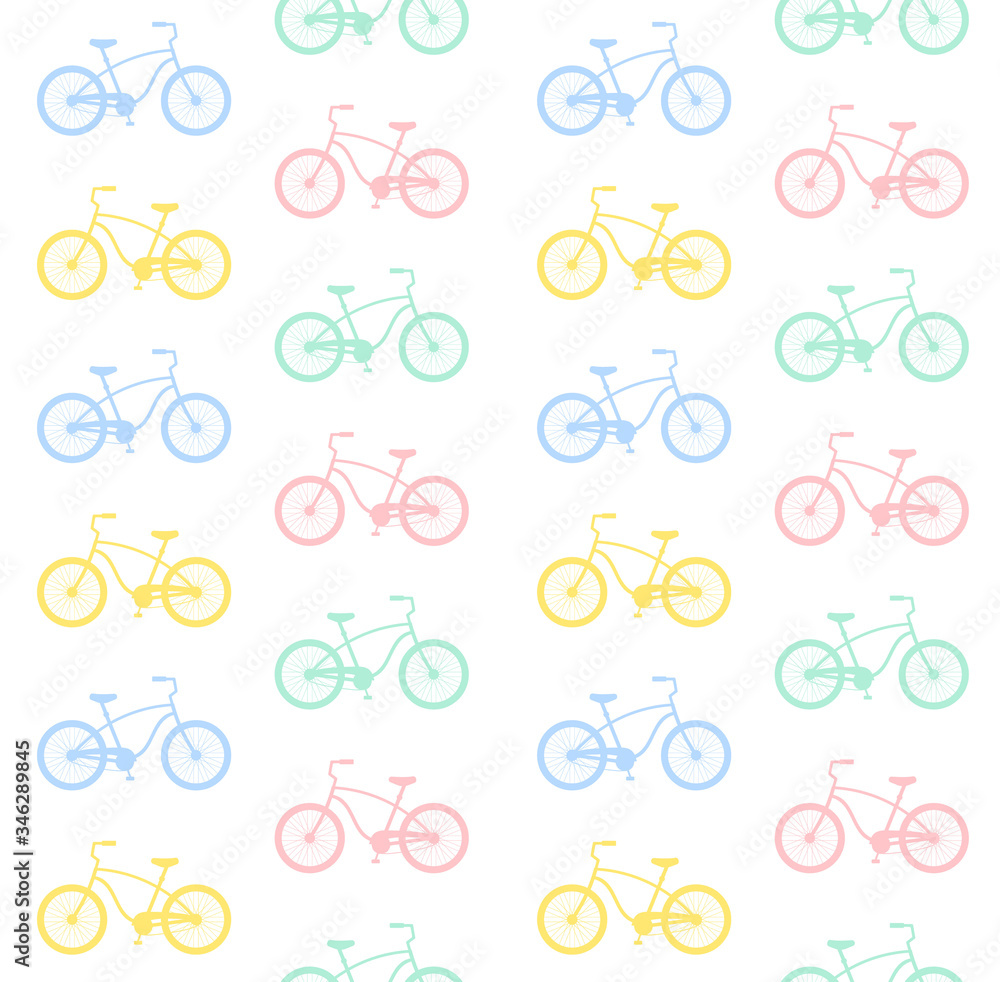 Vector seamless pattern of different flat cartoon pastel bicycle silhouette isolated on white background