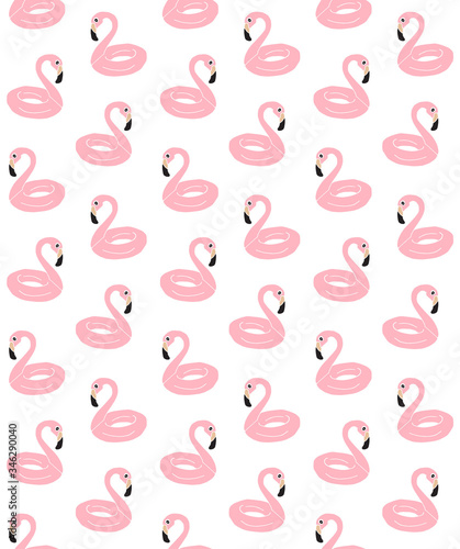 Vector seamless pattern of colored hand drawn doodle sketch swimming flamingo ring float isolated on white background