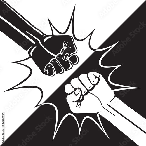Fist Bump Diagonal Yin Yang Style Creative Concept with Two Hands Clenched into Fists Punching Each Other and Bang Bubble - Black and White on Opposite Background - Hand Drawn Design