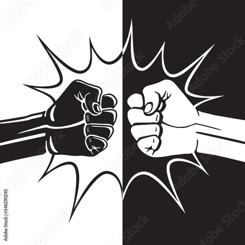 Fist Bump Yin Yang Contrast Style Creative Concept with Two Hands Clenched into Fists Punching Each Other and Bang Bubble - Black and White on Opposite Background - Hand Drawn Design