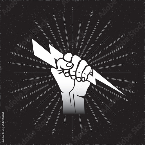 Inverted Hand or Fist Holding and Gripping Lightning Bolt Symbol over Rays Circle Trendy Style Sign Template for Your Logo - White on Grunge Background - Hand Drawn Design
