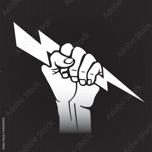 Inverted Hand or Fist Holding and Gripping Lightning Bolt Symbol Trendy Style Sign Template for Your Logo - White on Striped Background - Hand Drawn Design