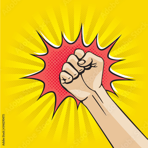 Punch Retro Comic Cartoon Style Creative Concept with Raised Hand Clenched into Fist Sign Rays Circle and Burst out Speech Bubble - Black and Red on Yellow Background - Hand Drawn Design