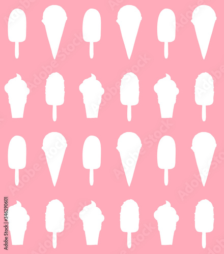 Vector seamless pattern of white sketch different ice cream silhouette isolated on pink background