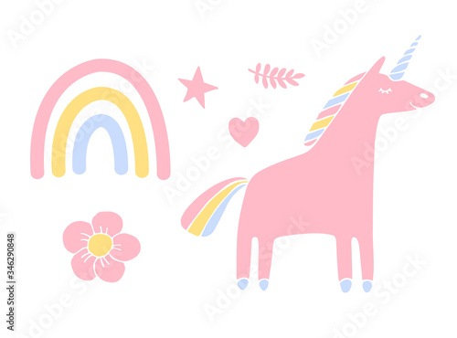 Vector set bundle of hand drawn doodle sketch unicorn and rainbow isolated on white background
