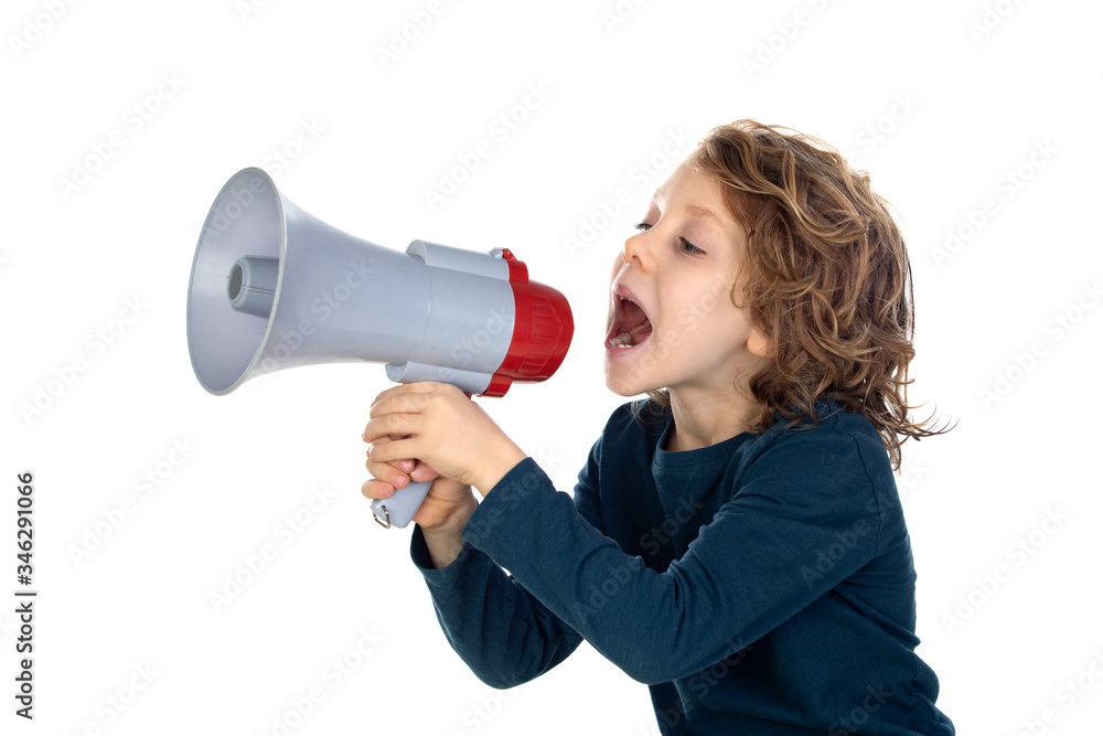 Naklejka premium Funny small boy screeching through a megaphone