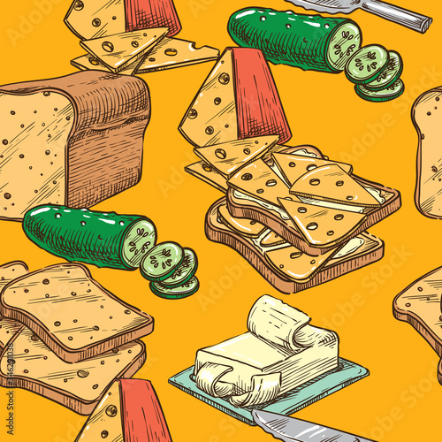Vector seamless sketch toast with cheese and cucumber