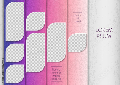 Template for photo collage or infographic in modern style. Frames for clipping masks are in the vector file. Template for a photo album with leaves shapes frames and gradient