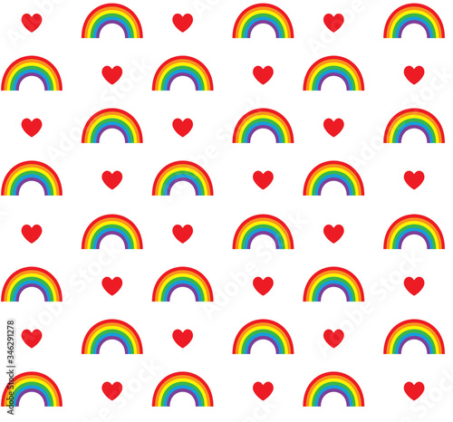 Vector seamless pattern of doodle sketch lgbt rainbow flag and heart isolated on white background