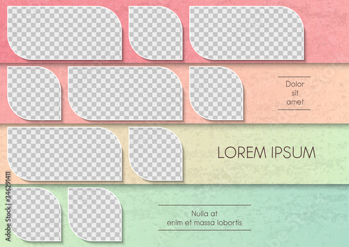 Template for photo collage or infographic in modern style. Frames for clipping masks are in the vector file. Template for a photo album with leaves shapes frames and gradient