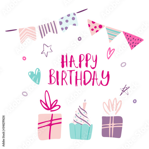 Funny cute vector hand-drawn illustration. Bright multi-colored gifts, garlands and confetti. Birthday celebration concept. Happy birthday lettering. Design for cards, banners, posters, textiles