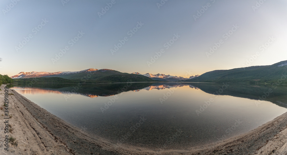 Panoramic view of end of fjord. Beautiful Norwegian landscape. view of the fjords with turquoise water. Norway ideal fjord reflection in clear water