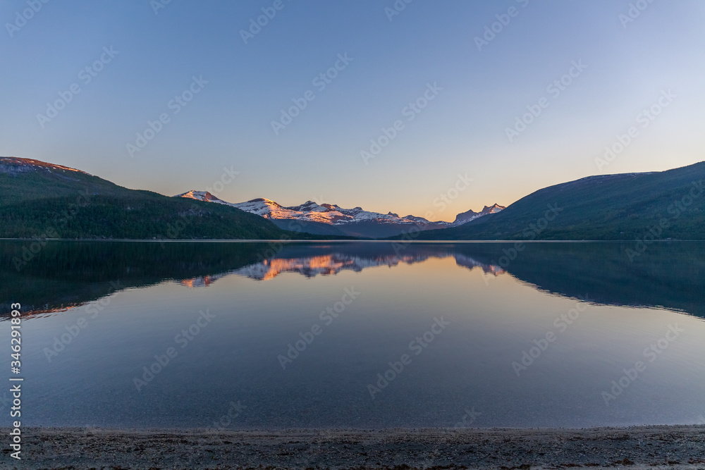 Beautiful Norwegian landscape. view of the fjords. Norway ideal fjord reflection in clear water