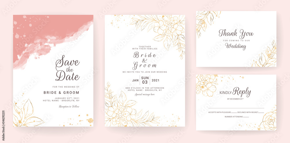 Line floral wedding invitation card template set with pastel watercolor. Abstract background save the date, invitation, greeting card, multi-purpose vector