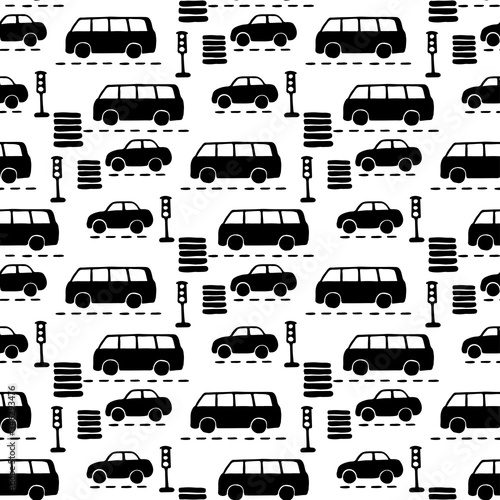 Cars, road and traffic light isolated on white background. Side view. Cute childish seamless pattern. Hand drawn vector graphic illustration. Texture.