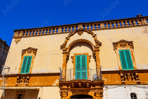 Old architecture in Fasano, Province of Brindisi, Apulia, Italy, architectural high section street detail of Palazzo Carrieri, Carrieri Palace