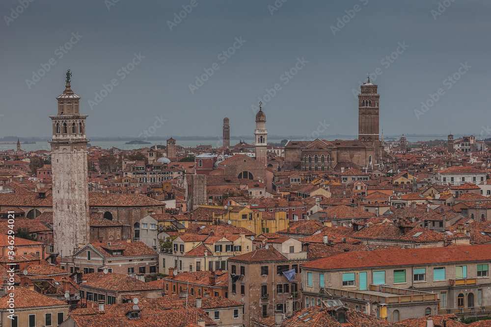 Aerial view of Frari Basilica and venetian bell towers, Venice, Italy Aerial view of Frari Basilica and venetian bell towers, Venice, Italy