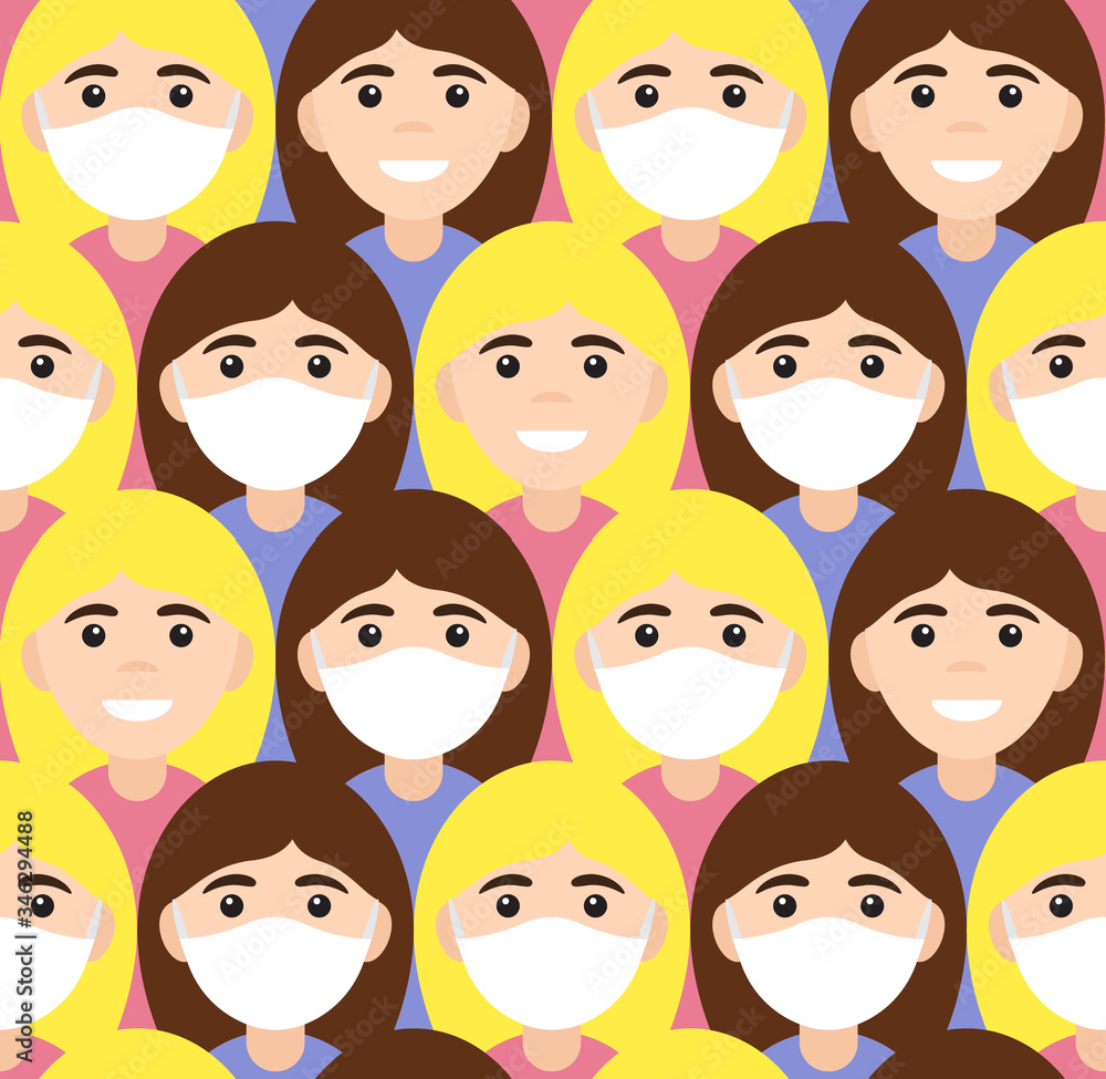 Vector seamless pattern of flat cartoon different girl woman face in medical mask. Coronavirus pandemic illustration Vector seamless pattern of flat cartoon different girl woman face in medical mask. Coronavirus pandemic illustration