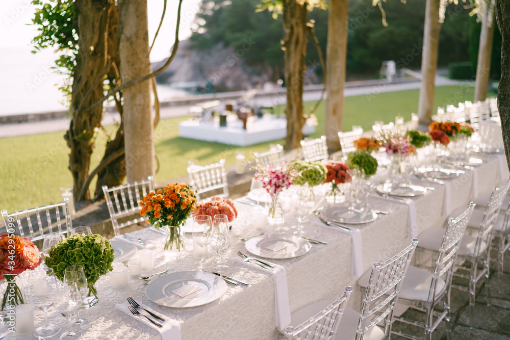 Wedding dinner table reception. A very long table for guests with a white tablecloth, floral arrangements, glass plastic transparent chairs Chiavari. Under the old columns with vines of wisteria.