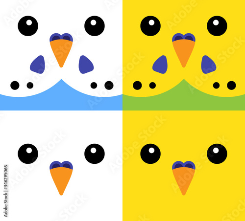 Vector set bundle of flat cartoon different colored budgie parrot face