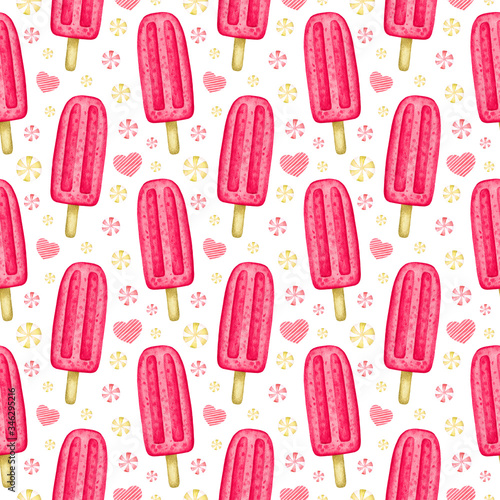 Watercolor seamless pattern with ice cream. Hand drawn colorful popsicle/ice lolly with stick. Summer sweet dessert on white background for holiday design wrapping paper, textile, cards, scrapbooking
