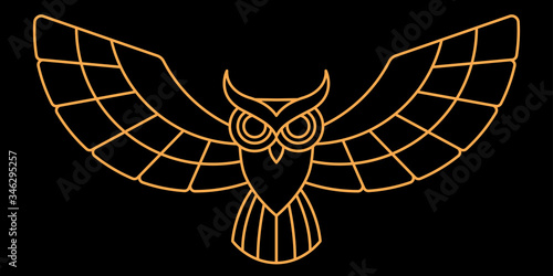 Golden flying owl logo on a black background. Linear drawing of a bird. Strict classic corporate identity.