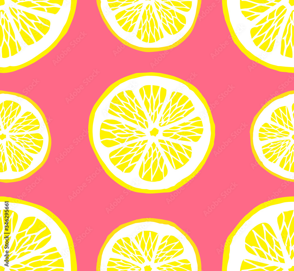 Vector seamless pattern of hand drawn doodle sketch lemon slices isolated on pink background