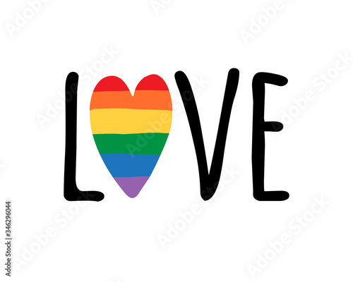 Vector hand drawn doodle sketch love lgbt pride lettering quote with rainbow flag heart isolated on white background