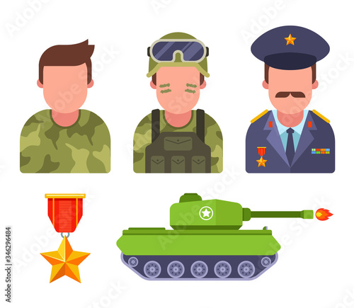 Set soldiers in camouflage. army General. military equipment. flat vector illustration.