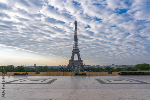 Paris, France - 05 06 2020: View of the Eiffel Tower from the Trocadero esplanade during the coronavirus period