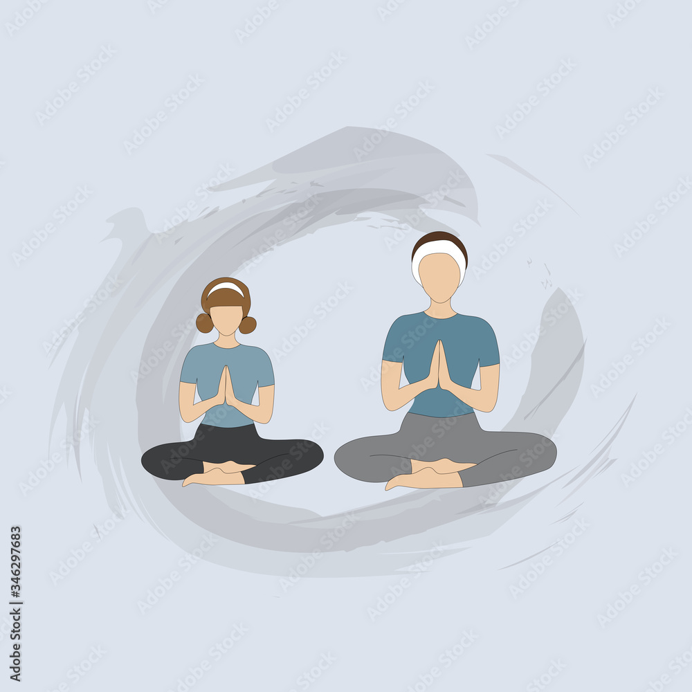 Vector Mother and daughter in quarantine yoga at home, Two women relaxing and practicing yoga exercise in Namaste pose in deep meditation. Social distancing Vector Mother and daughter in quarantine yoga at home, Two women relaxing and practicing yoga exercise in Namaste pose in deep meditation. Social distancing