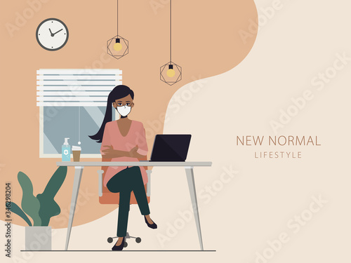 Business office people wearing face mask and maintain social distancing. Stop covid-19 coronavirus. New normal lifestyle concept.