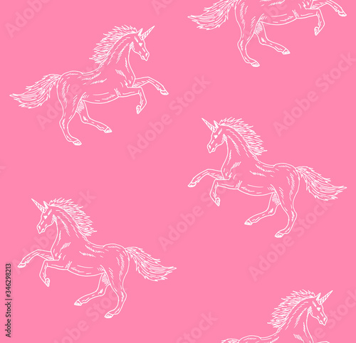 Vector seamless pattern of hand drawn doodle sketch white unicorn isolated on pink background 