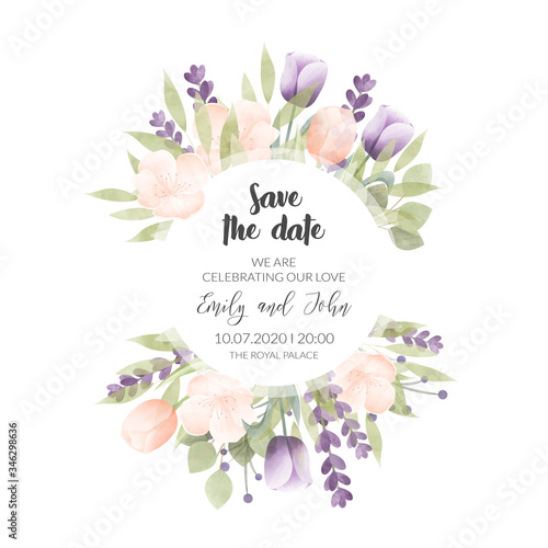 Watercolor floral frame. Wedding invitation card.