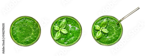 Set of green smothie isolated on white. Top view