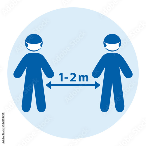 Social distancing between two persons with protection mask against 2019-ncov coronavirus pandemic. Vector illustration.