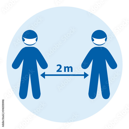 Social distancing between two persons with protection mask against 2019-ncov coronavirus pandemic. Vector illustration.