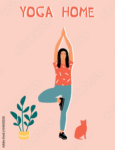 Woman doing yoga at home. Illustration with pose Tree Pose, Vrikshasana.