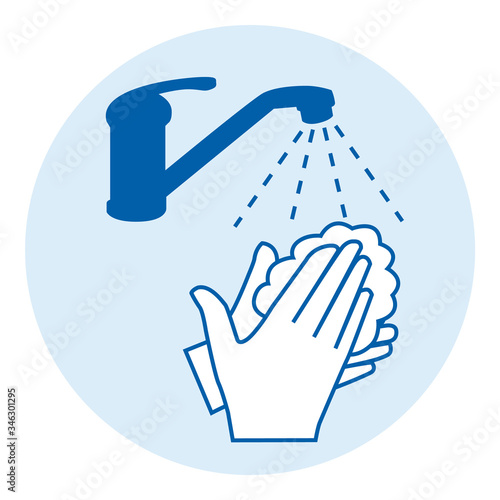 Washing hands with soap. Covid-19 prevention. Blue round icon illustration.