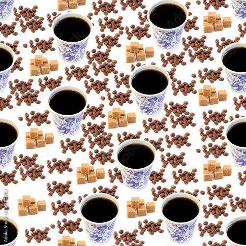 Seamless pattern cup of coffee, coffee beans and cane sugar on a white background. Roast coffee beans and brown sugar.