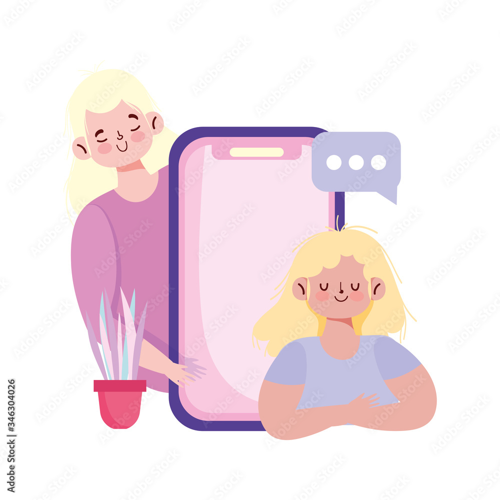 people communication and technology, girls with smartphone chatting bubble people communication and technology, girls with smartphone chatting bubble