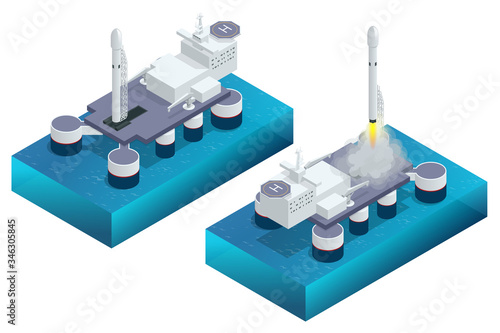 Isometric take-off and landing of a rocket from a ship. Military sea transport. International army. Rocket, launch vehicle, satellite, launch pad, payload.