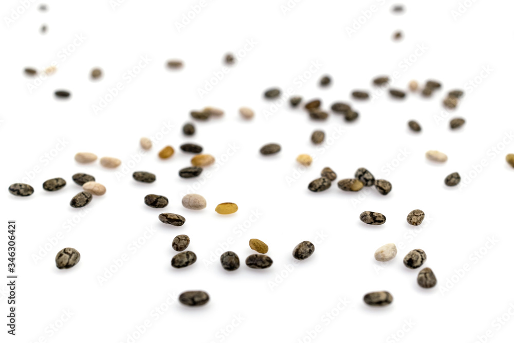 Healthy grains organic Chia Seeds background. Pile nutrition food isolated on white. dieting and detoxication concept with mineral nutrients. Macro close-up shot. Healthy grains organic Chia Seeds background. Pile nutrition food isolated on white. dieting and detoxication concept with mineral nutrients. Macro close-up shot.