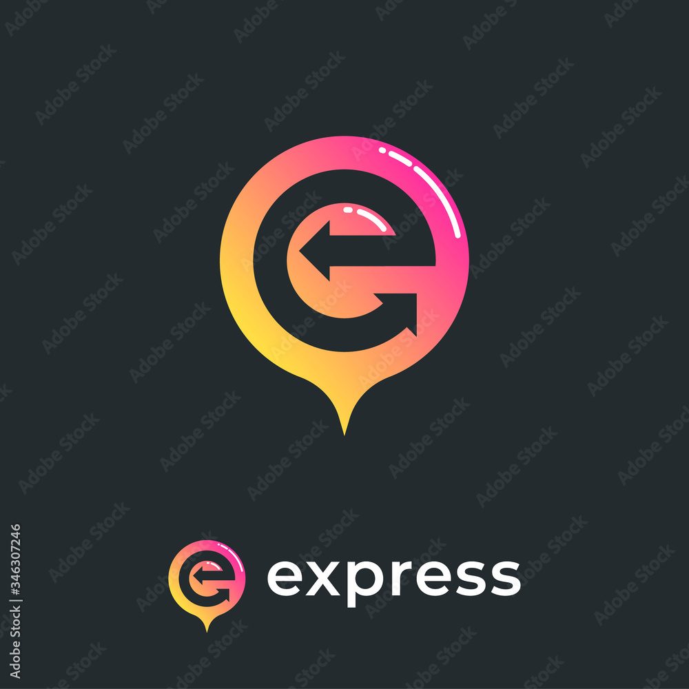 Obraz premium Express logo. E monogram with arrows like map marker. E monogram with directions. Network icon. Delivery and Logistic.
