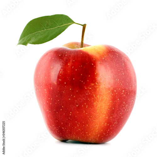 red apple with green leaf