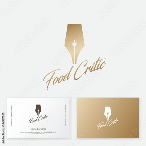 Gold writing pen with a fork silhouette in the slot. Logo for food critic. Cook blog concept. Restaurant critic. Cooking food chat icon.