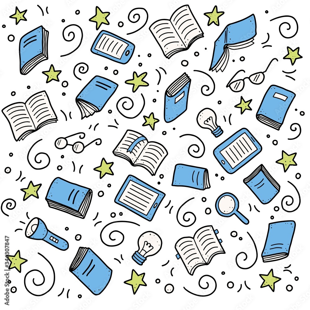 Hand drawn set of book doodle elements, e-book, lamp, education symbols ...