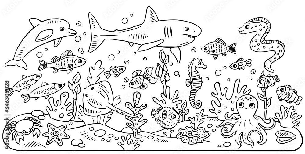 black and white illustration, coloring book for children. Animals of the sea and ocean. Set of different fish