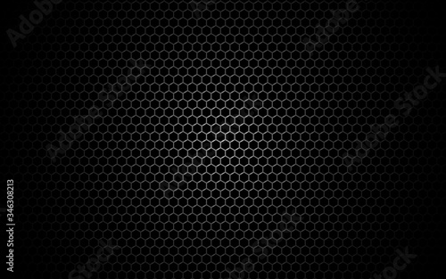Hexagon metal mesh. Dark grid texture with shadow and light. Industrial backdrop with cells. Black perforated metal for poster, banner, web. Vector illustration