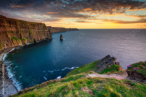 Amazing Cliffs of Moher at sunset in Ireland, County Clare.